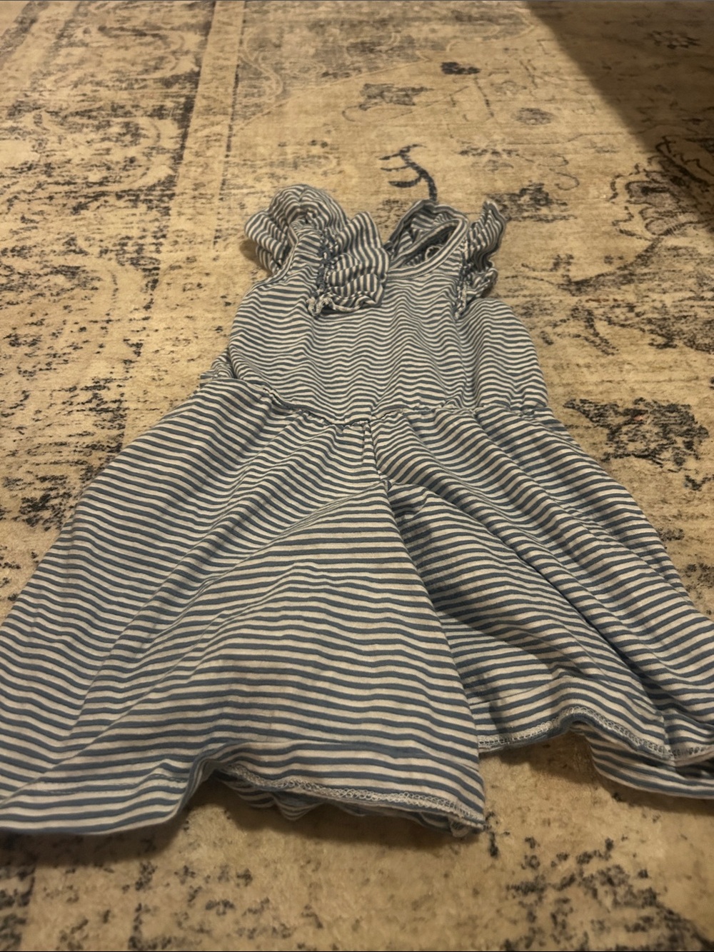 Girls' Striped Ruffle-Shoulder Casual Dress in Navy and White